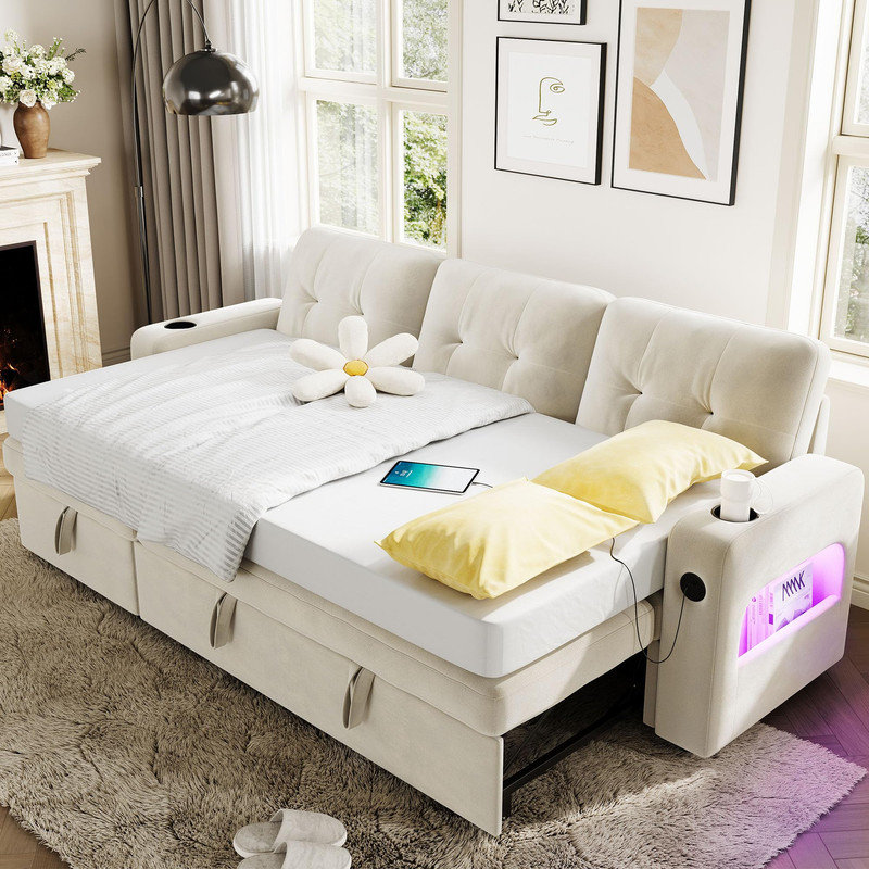 84" L-Shaped Sleeper Sofa with Storage, USB & LED, Beige Velvet