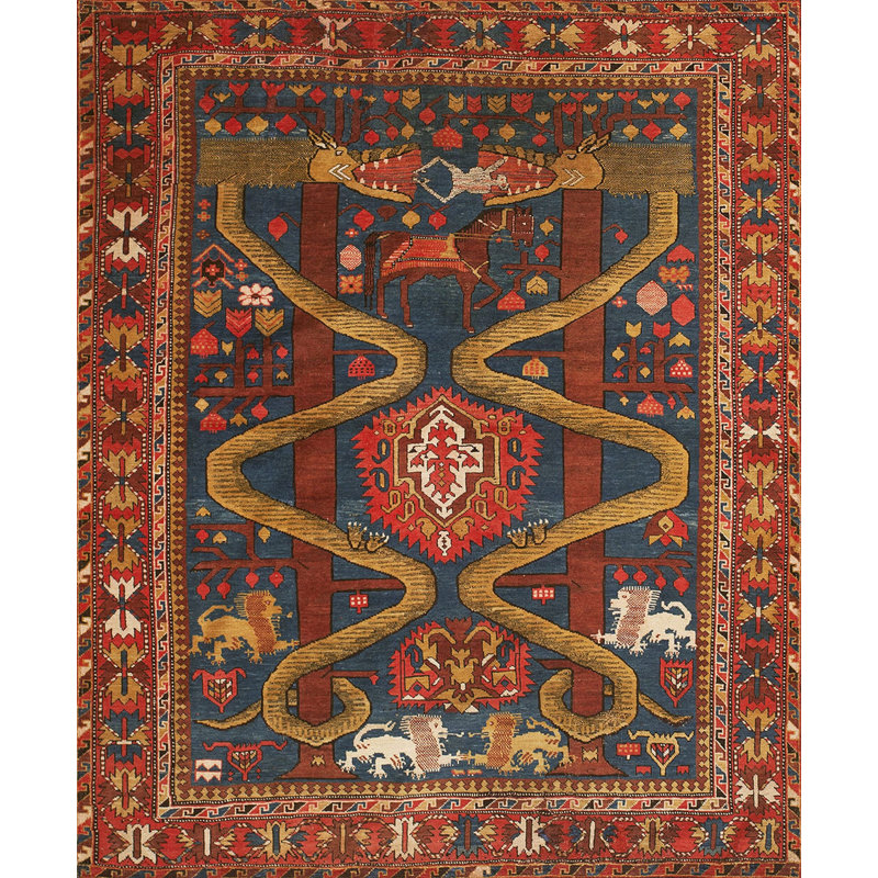 Antique Caucasian Geometric Medallion Wool Hand Knotted Pile Blue 1890s Rug