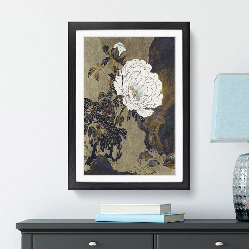 A Peony Flower by Shibata Zeshin - Single Picture Frame Painting, 45cm H x 33cm W x 2cm D, Black  Bordered Framed