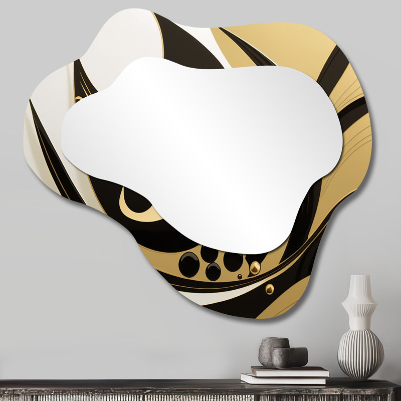 Golden Circular Universe VII - Geometric Asymmetrical Mirror, Black Cloud Unique Wall Mirror, Printed Metal Art, 25" x 28"