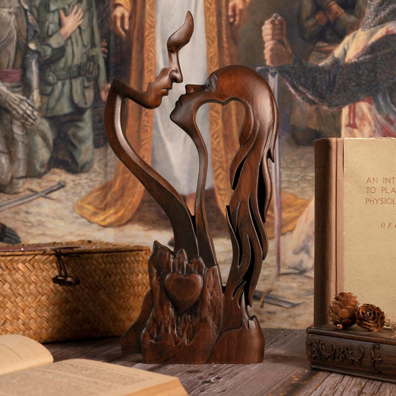 Ornement de couple en bois en bois, sculpture de couple abstrait, statue romantique, cadeau de décoration pour le mariage de la Saint-Valentin - 10 pouces