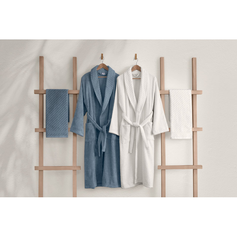 Cotton Mid-Calf Bathrobe, Blue/White