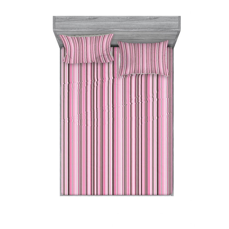 Microfiber Striped Sheet Set, Queen Sheet Set + Fitted Sheet + 2 Pillowcases, Pink/White Striped