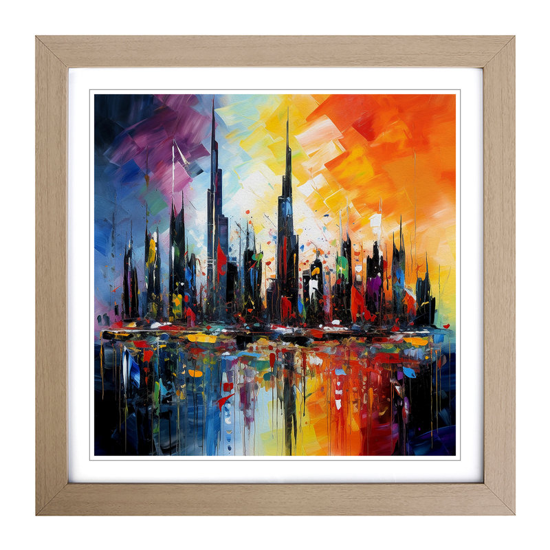City Of Dubai Abstract Expressionism - Framed Print, Oak