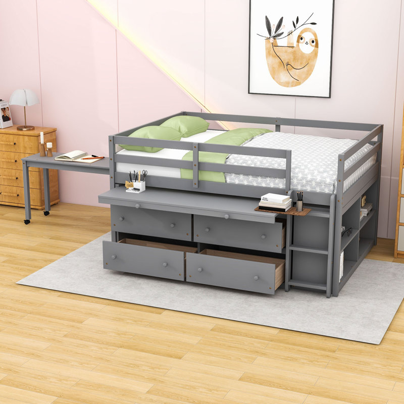 Lit mezzanine bas avec bureau rétractable et tiroirs, tablettes, Gris, Double