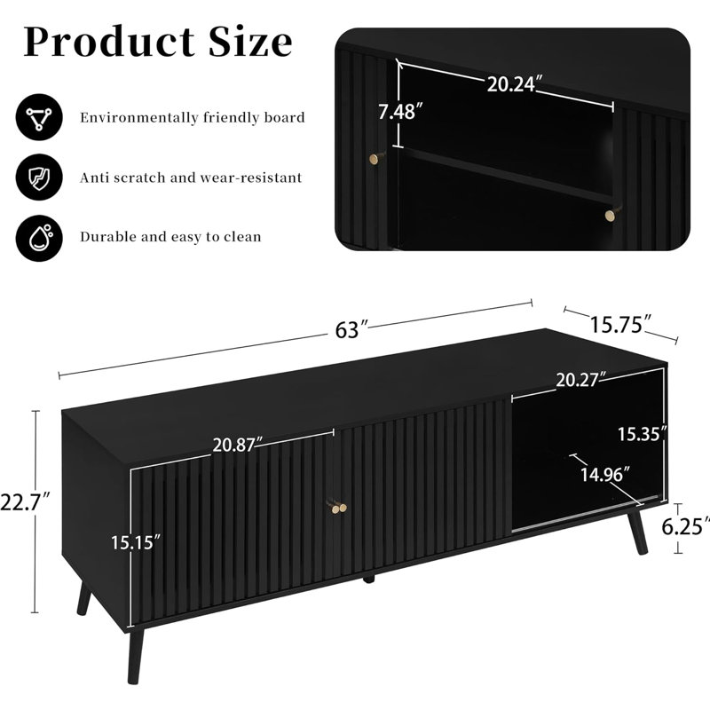 Black Mid-Century Modern TV Stand with Sliding Doors and Storage
