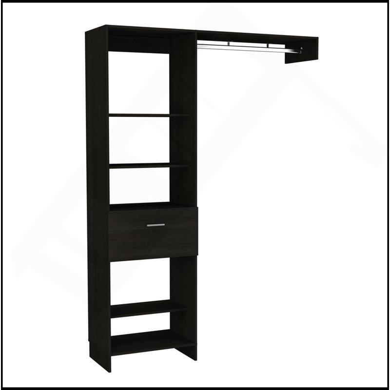 Système de placard hybride, cinq tablettes ouvertes, un tiroir, tringle en métal, Noir