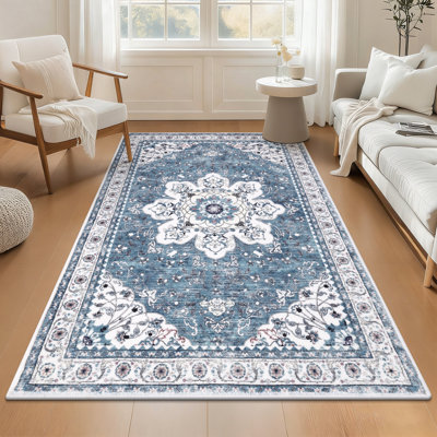 Machine Washable Non-Slip Blue Oriental Area Rug