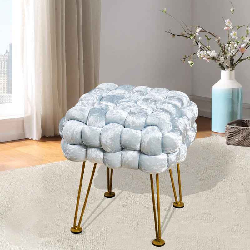 Light Blue Crushed Velvet Square Pouf Ottoman with Gold Legs