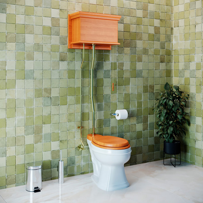 The Renovators Supply High Tank Pull Chain Toilet with Light Oak Wooden Finish (Seat Not Included), Gold