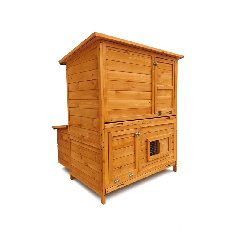 Poulailler, poulailler en bois pour 6 à 8 poules avec 3 nichoirs et 2 plateaux coulissants, avec rampe pliable et toit rabattable