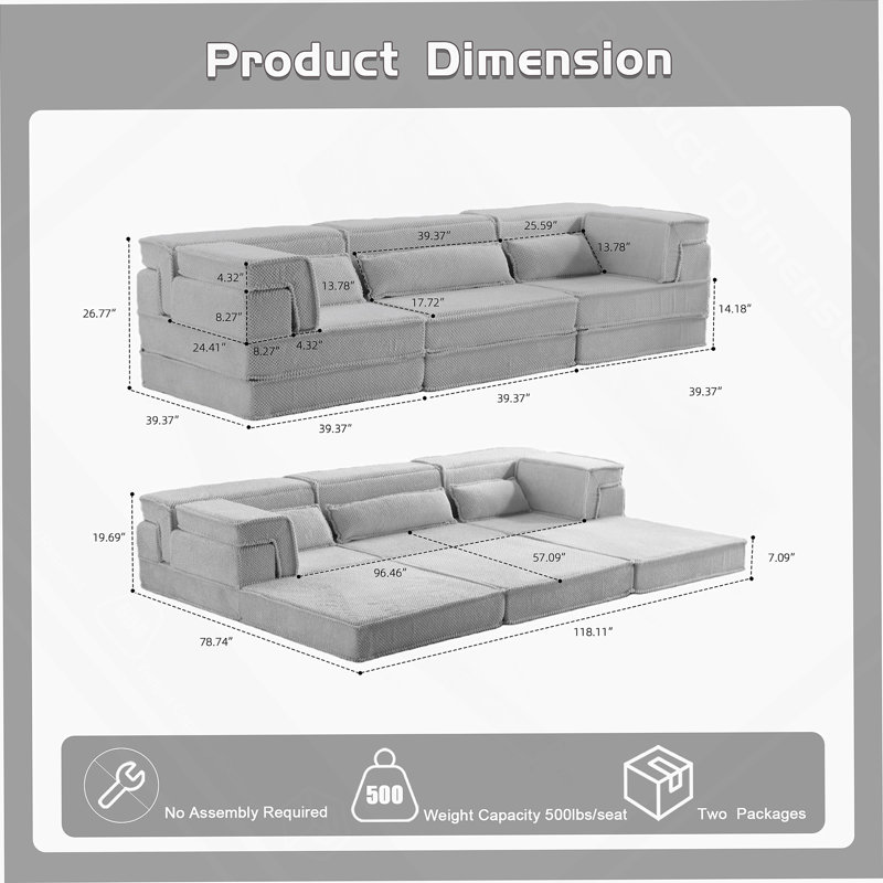 Compression Mahjong Sofa,Convertible Floor Sofa Bed,DIY Boneless Modular Sectional Sofa,No Assembly Required,Circle Fleece Fabric,Oversized 3 Seater With 3 Pillows,Dark-Grey