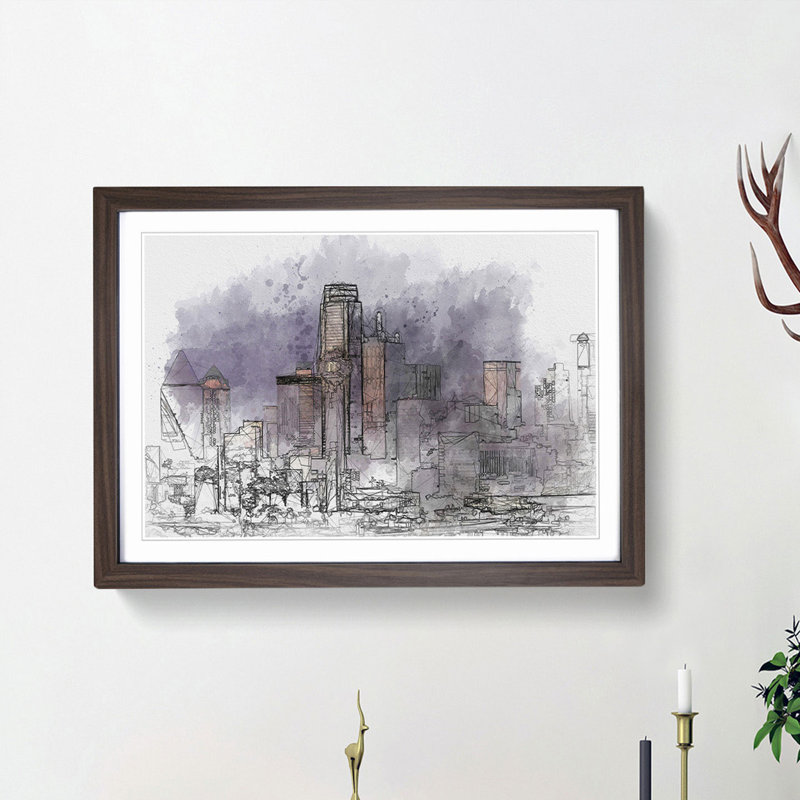 Dallas Texas Skyline at Dusk in Abstract - Picture Frame Graphic Art Print, 48cm H x 65cm W x 2cm D, Walnut Framed