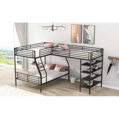 Lit superposé en métal en forme de L avec lit simple au-dessus d'un lit double et lit mezzanine, 4 tablettes, rangement noir - construction, couleur
