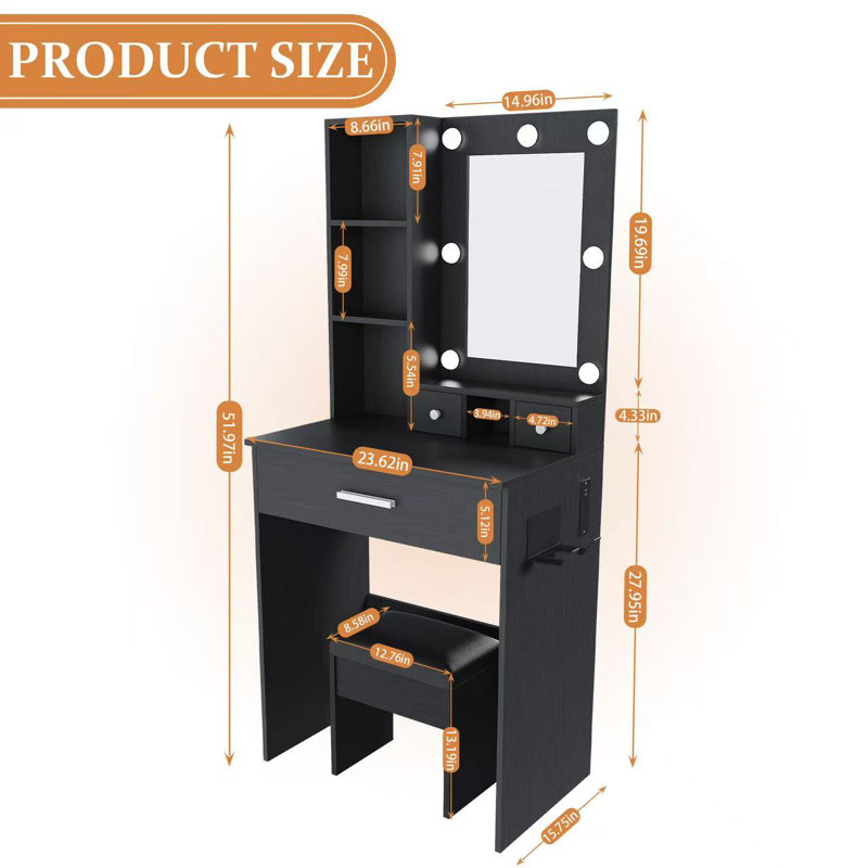 Vanity Table With Mirror & Adjustable Led Lights, Power Outlet, Hairdryer Holder & Stool – Compact Dressing Desk For Small Bedrooms(Black)