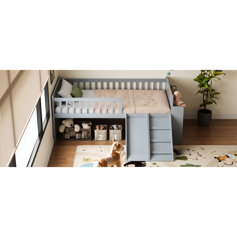 Lit plateforme avec garde-corps, tablette de rangement simple, glissade et cadre en bois gris, aucun sommier requis, installation rapide du cadre