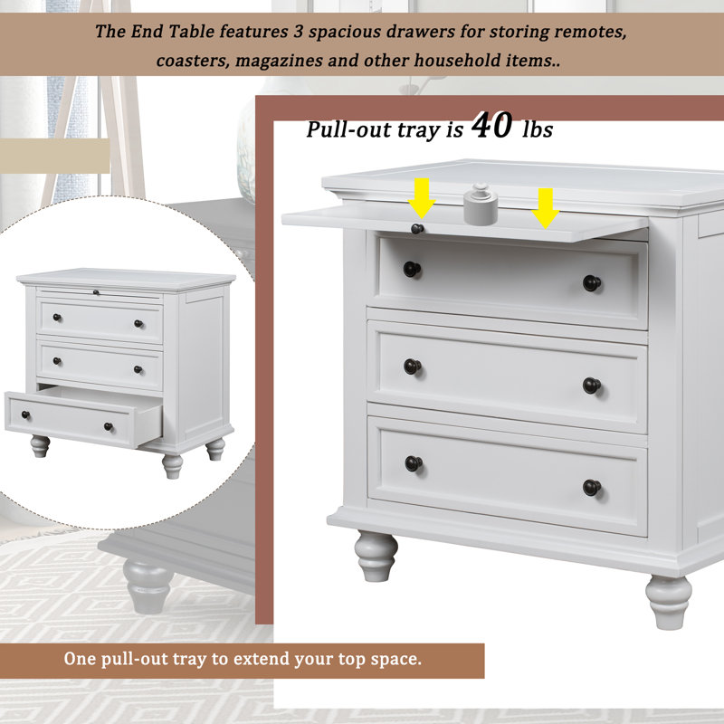 3-Drawer Storage Wood Cabinet, End Table with Pull out Tray, White