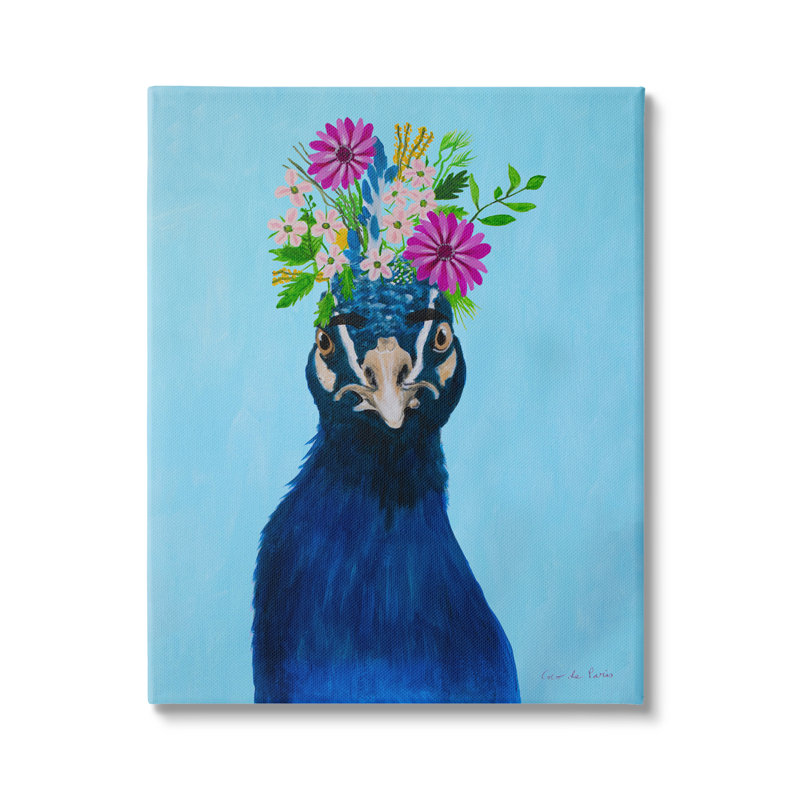 Gerbera Forget Me Not Flowers, portrait d'un paon bleu royal par Coco de Paris - Peinture, Toile tendue