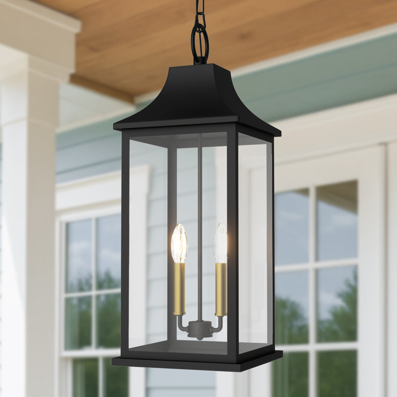 2 - Light 20''H Adjustable Black and Gold Base Iron ETL Outdoor Hanging Lights with Clear Tempered Glass