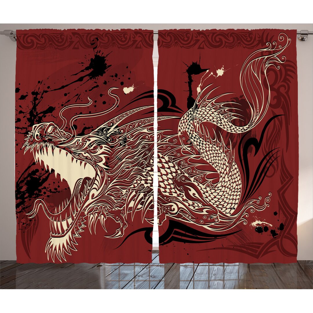 Rustikaler Vorhang, Japanische Drachen Doodle, orientalisch, Elfenbein und Ruby