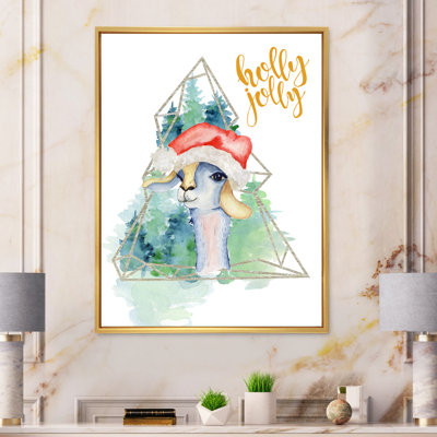 Mignon lama de Noël dans un chapeau de père Noël - Art mural pour enfants, décoration sur toile