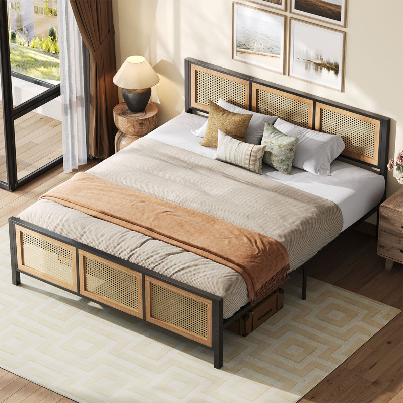 Vena Boho Style King Bed Frame with Rattan Headboard and Footboard, No Box Spring Needed, Iron Platform Bed With Stable Metal Frame