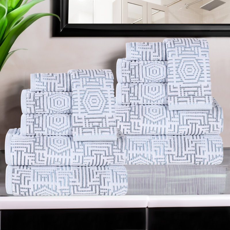 Belleair Cotton Modern Jacquard Soft Highly-Absorbent Assorted 12 Piece Bathroom Towel Set, Blue