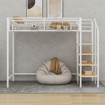 Lit mezzanine simple en métal avec tablette supérieure et échelle de rangement latérale