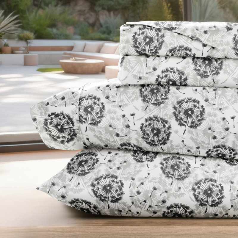 Becky Cameron Make a Wish Floral Pattern Microfiber Sheet Set, Queen Sheet Set + Fitted Sheet + 2 Pillowcases
