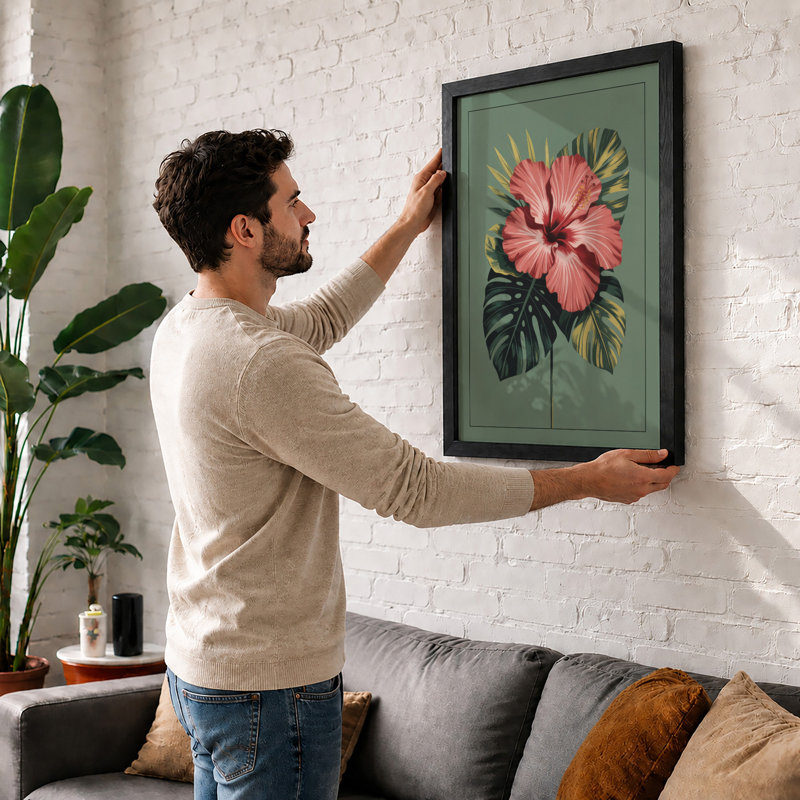Pink Hibiscus Study Botanical - Framed Print, A4 - 29.7 x 21.0 cm, White