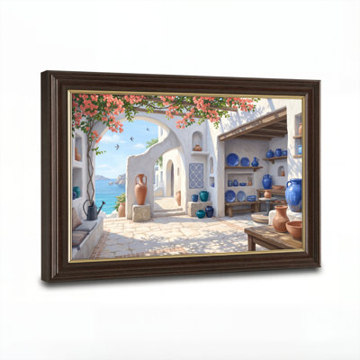 Art mural antique sur toile encadré doré pour le salon, la chambre à coucher, le bureau ou le vestibule - Décoration murale décorative avec cour méditerranée