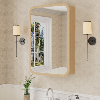 Armoire à pharmacie en bois de style campagnard 24 po x l 24 po avec miroir haute définition, tablettes réglables en verre, porte réversible à fermeture en douceur, entièrement assemblé, montage en surface ou encastré pour le rangement de maquillage, de rasage ou de meuble-lavabo