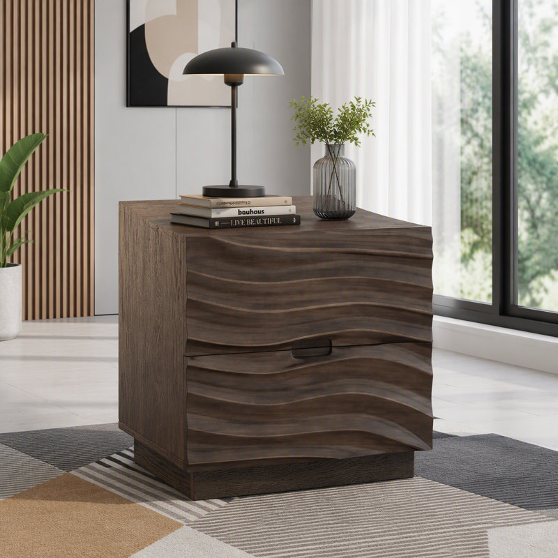 Solid Wood Nightstand With 2 Drawers, Handle-Free Bedside Table Set Of 2, Set of 2, Brown