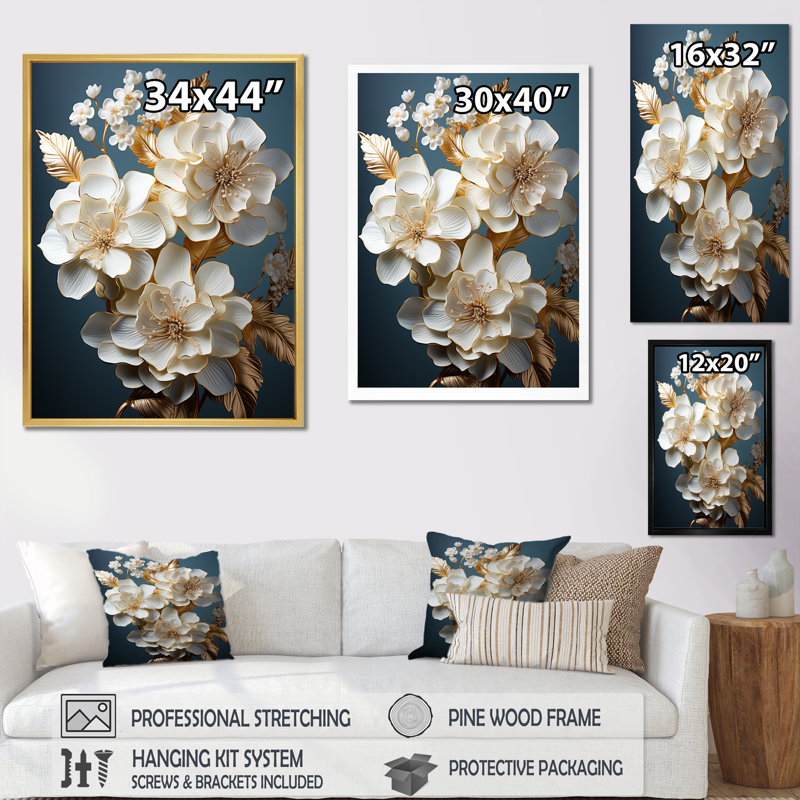 Baroque Hydrangea White And Gold I - Hydrangea Wall Decor, Wrapped Canvas, 40" H x 30" W x 1.5" D