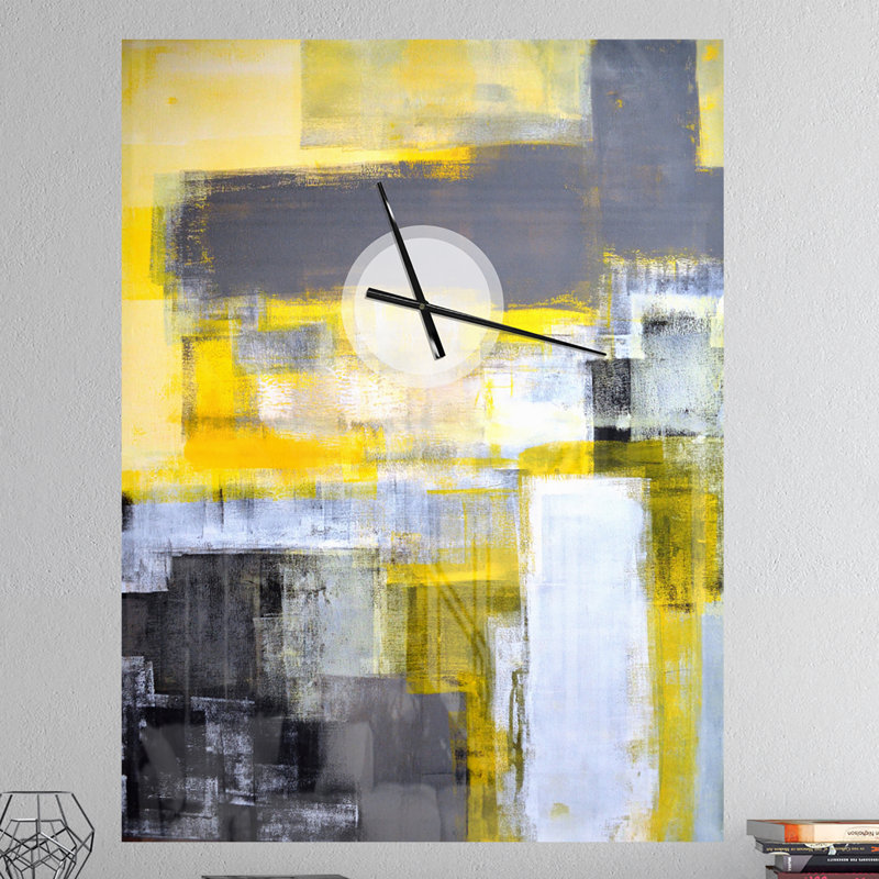Gris et jaune flou abstrait - horloge murale moderne, Très grand