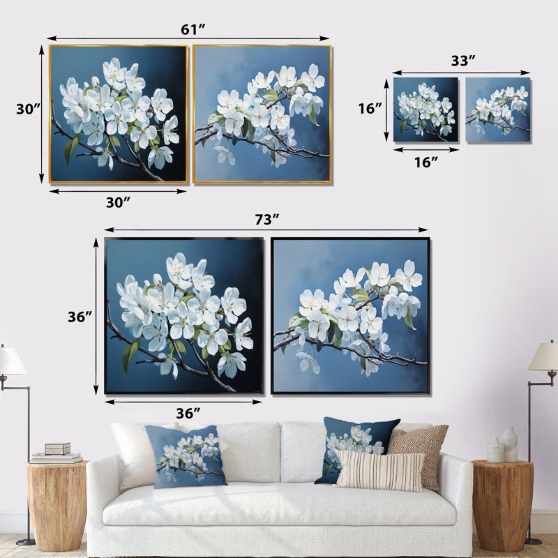 Ensemble de 2 fleurs bleues et blanches à motif de fleurs de pommiers monochromes, Cadre flottant blanc, H 36 po x l 73 po