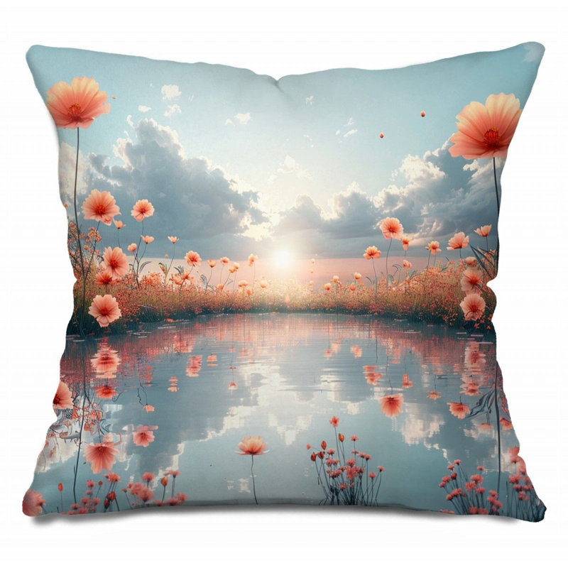 Coussin décoratif fleurs, sergé de coton naturel, H 14 po x l 14 po