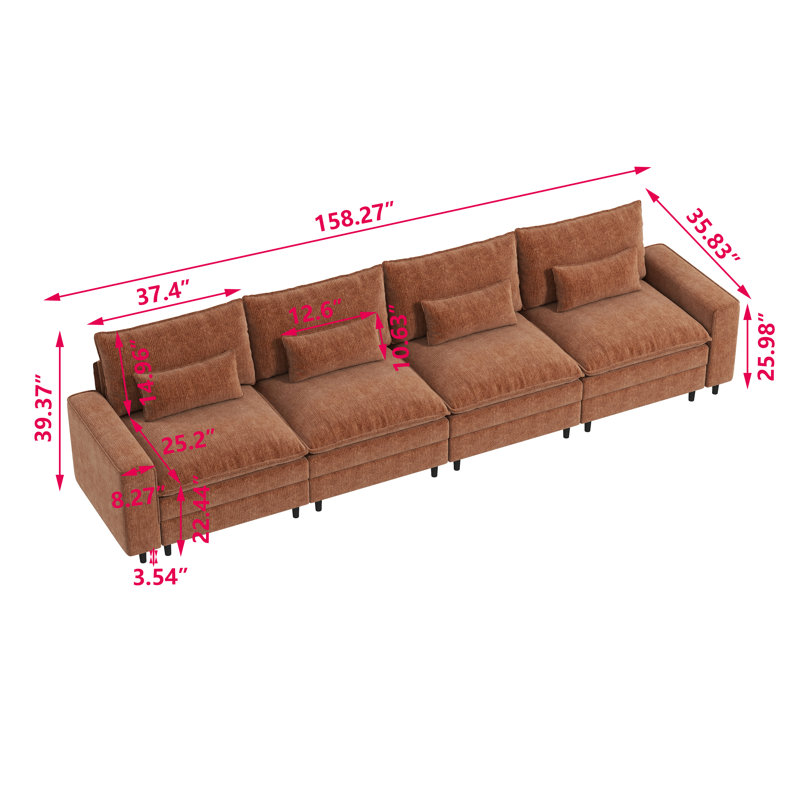 Canapé modulaire moderne en chenille, Orange, H 39,37 po x l 158,27 po x P 35,83 po, 4