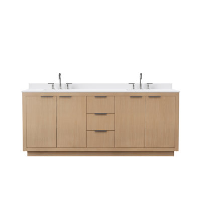 Maroni 80 Inch Double Bathroom Vanity in Light Straw, White Cultured Marble Countertop, Undermount Square Sinks (3-Hole), Brushed Nickel Trim