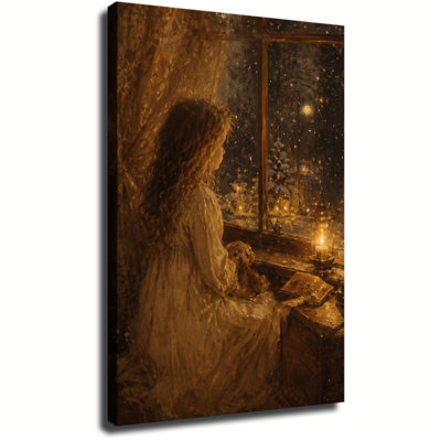 Petite fille avec son ourson en peluche assise près d'une fenêtre, regardant un village de Noël enneigé, tableau mural sur toile vintage aux tons chauds