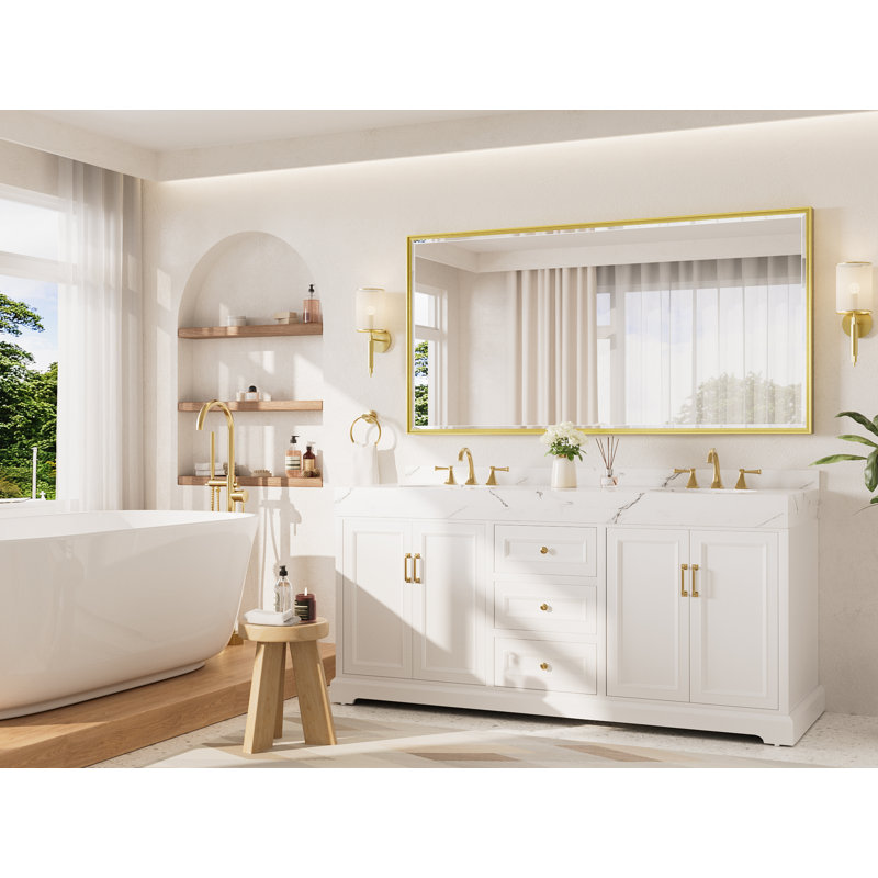 Miroir de salle de bain rectangulaire biseauté avec cadre en aluminium , 72 po x 36 po, Or brossé
