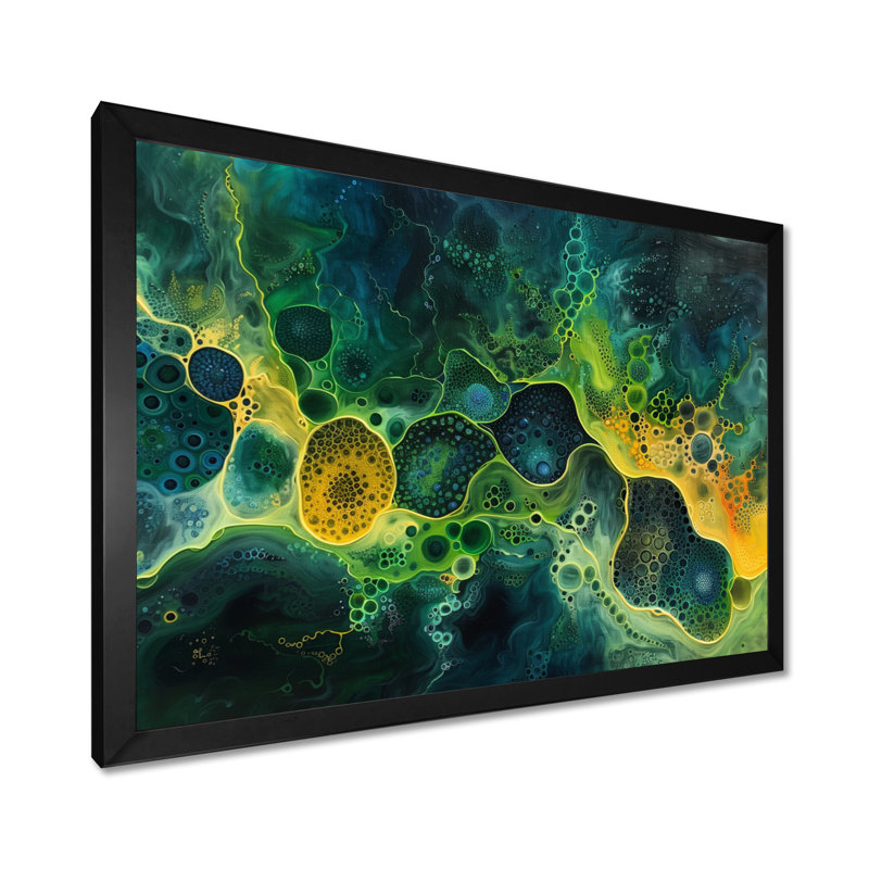 Jaune jaune vert cosmique nourrissant liquide Art II - impression murale abstraite, H 12 po x l 20 po, Cadre simple noir