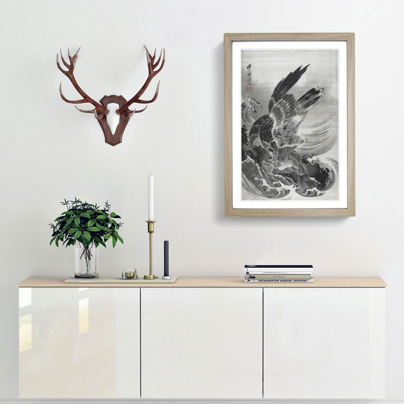 Eagle Attacking Fish by Kawanabe Kyosai - Picture Frame Painting Print, 48cm H x 36cm W x 2cm D, Oak Framed