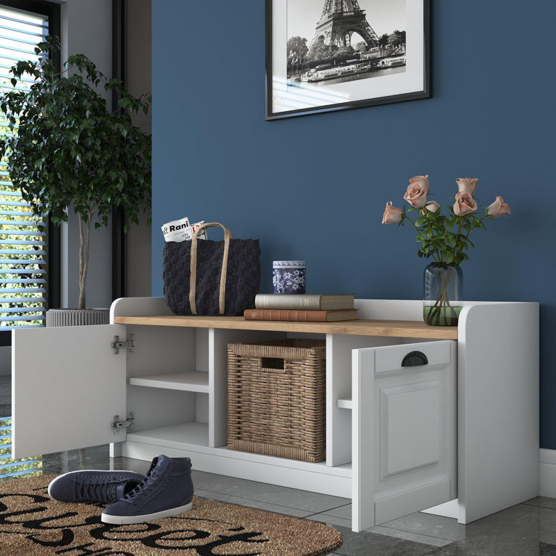 Armoire à chaussures moderne avec de nombreuses tablettes, blanc et noyer, 47,2 x 17,7 x 15,7 pouces | Panneau de particules revêtu de mélamine à 100%, portes en panneau de fibres à densité moyenne | Solution de rangement élégante pour le vestibule et le couloir