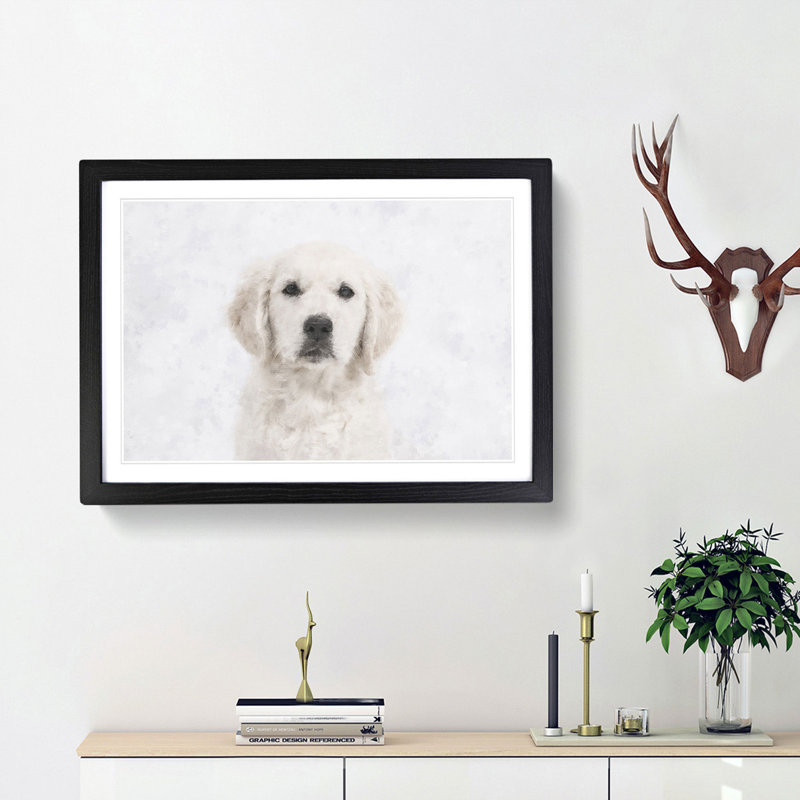 Golden Retriever Puppy - Picture Frame Graphic Art Print, 24cm H x 33cm W x 2cm D, Black Framed