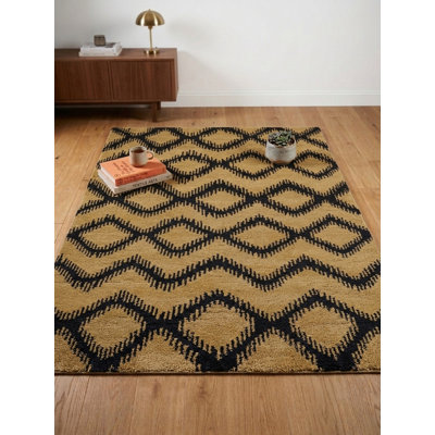 Tapis d'intérieur rectangulaire en laine anthracite doré, fait main, géométrique et noué à la main
