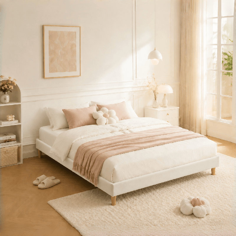 Lit plateforme en tissu d'ameublement, Crème, Double