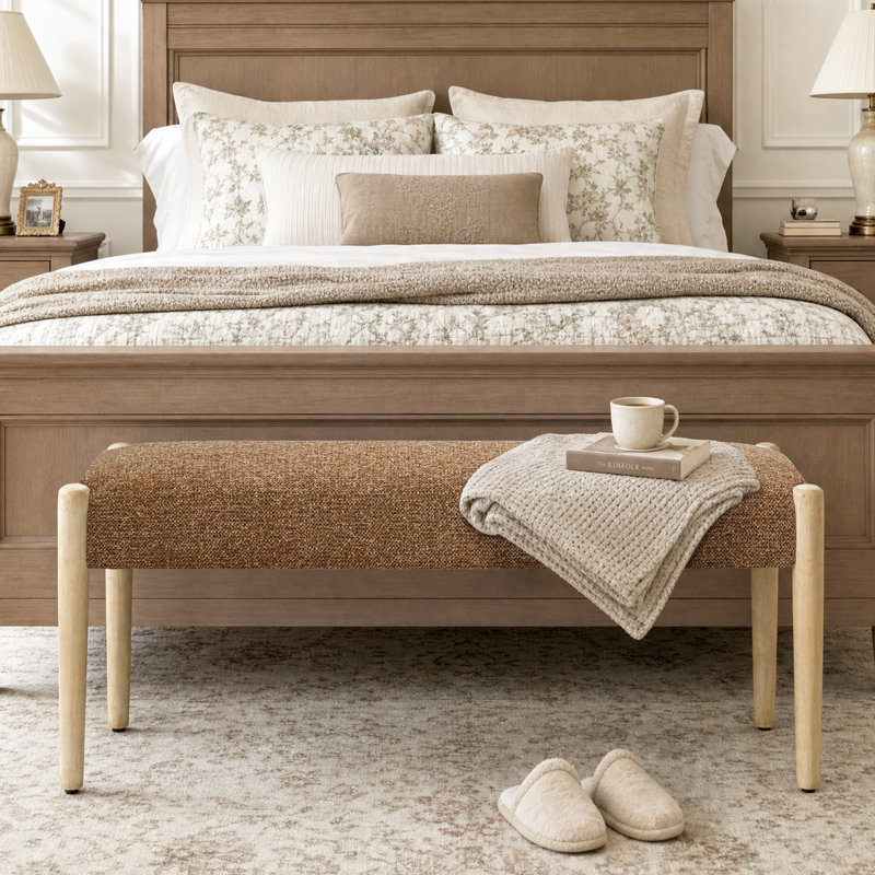 42'' W Modern Upholstered chenille Bench, Orange, Light Brown