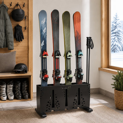 Freestanding Snowboard and Ski Rack for Garage, Holds 4 Pairs of Skis, 3 Snowboards, Boots, Poles, Goggles, and Helmets, Perfect for Shed or Basement