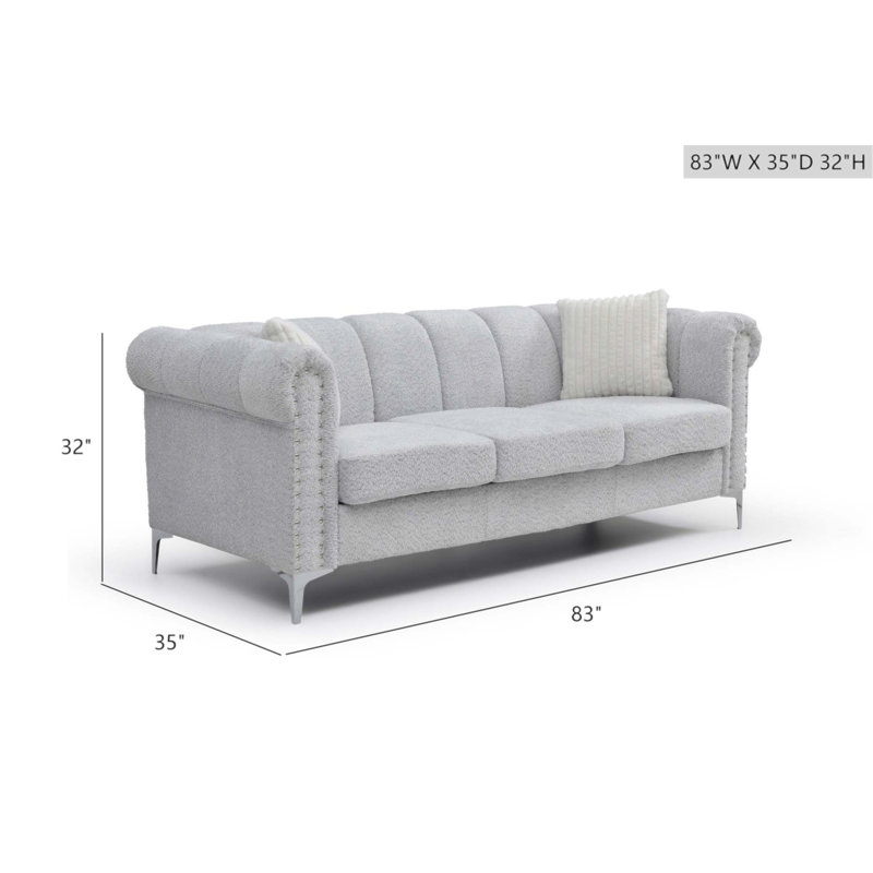 Canapé Sammy -S avec accoudoirs roulés, tissu chenille doux et pieds en acier chromé poli pour un confort et un style modernes